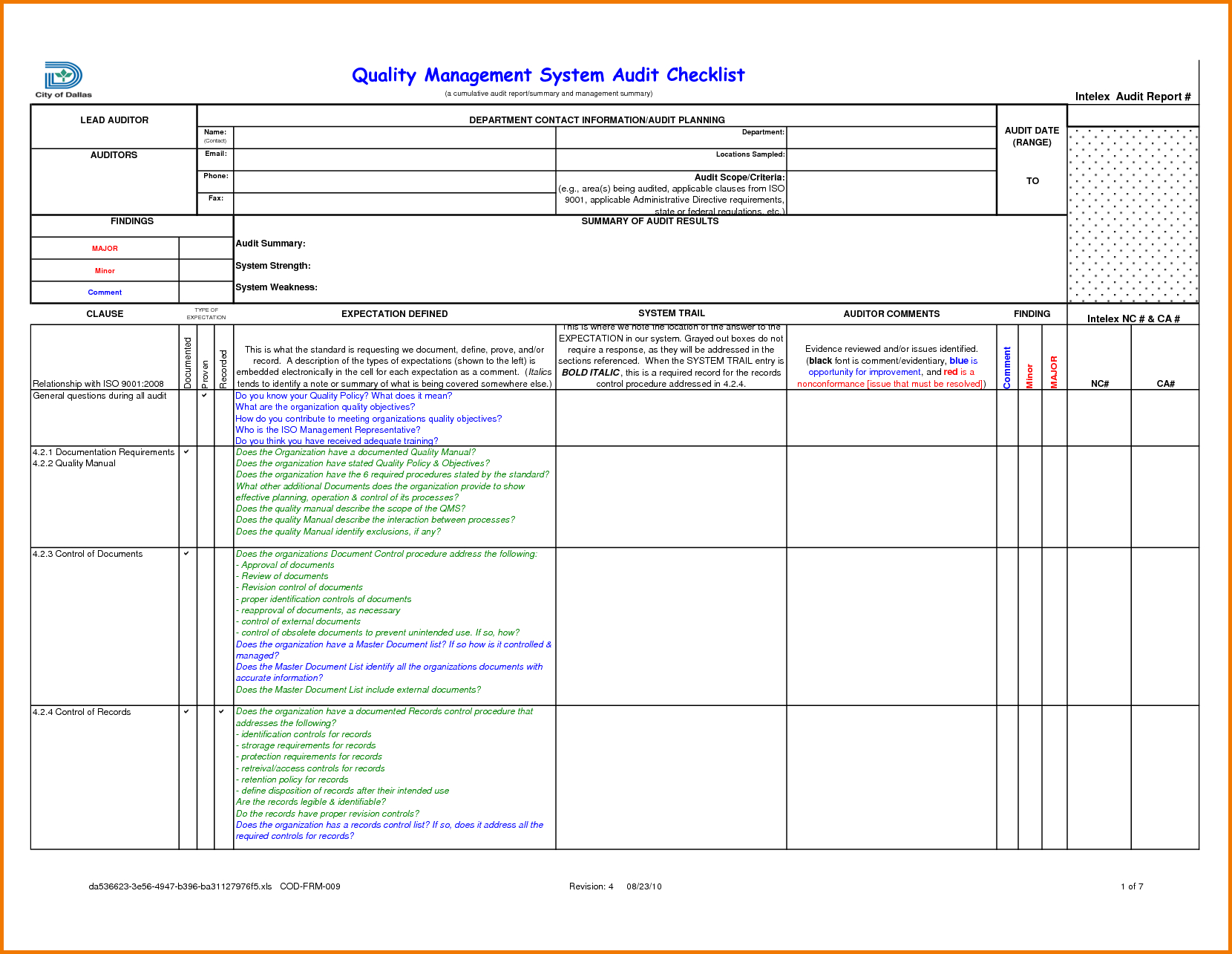 free iso 9001 2015 audit checklist excel xls